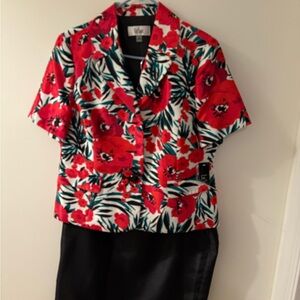 Le Suit Red Floral Blazer with Black Skirt